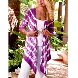 SOFT SURROUNDINGS SET SAIL WATERFALL CARDIGAN S BOHO TIE DYE PURPLE WHITE EUC